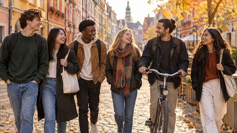 A group of international students walking and laughing along a cobbled old-town street