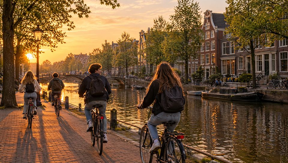 Students cycling along a canal in a European city at sunset